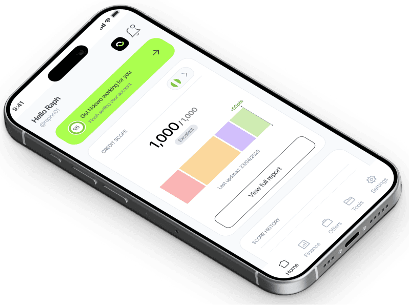 slanted phone showing user's Ndewo dashboard